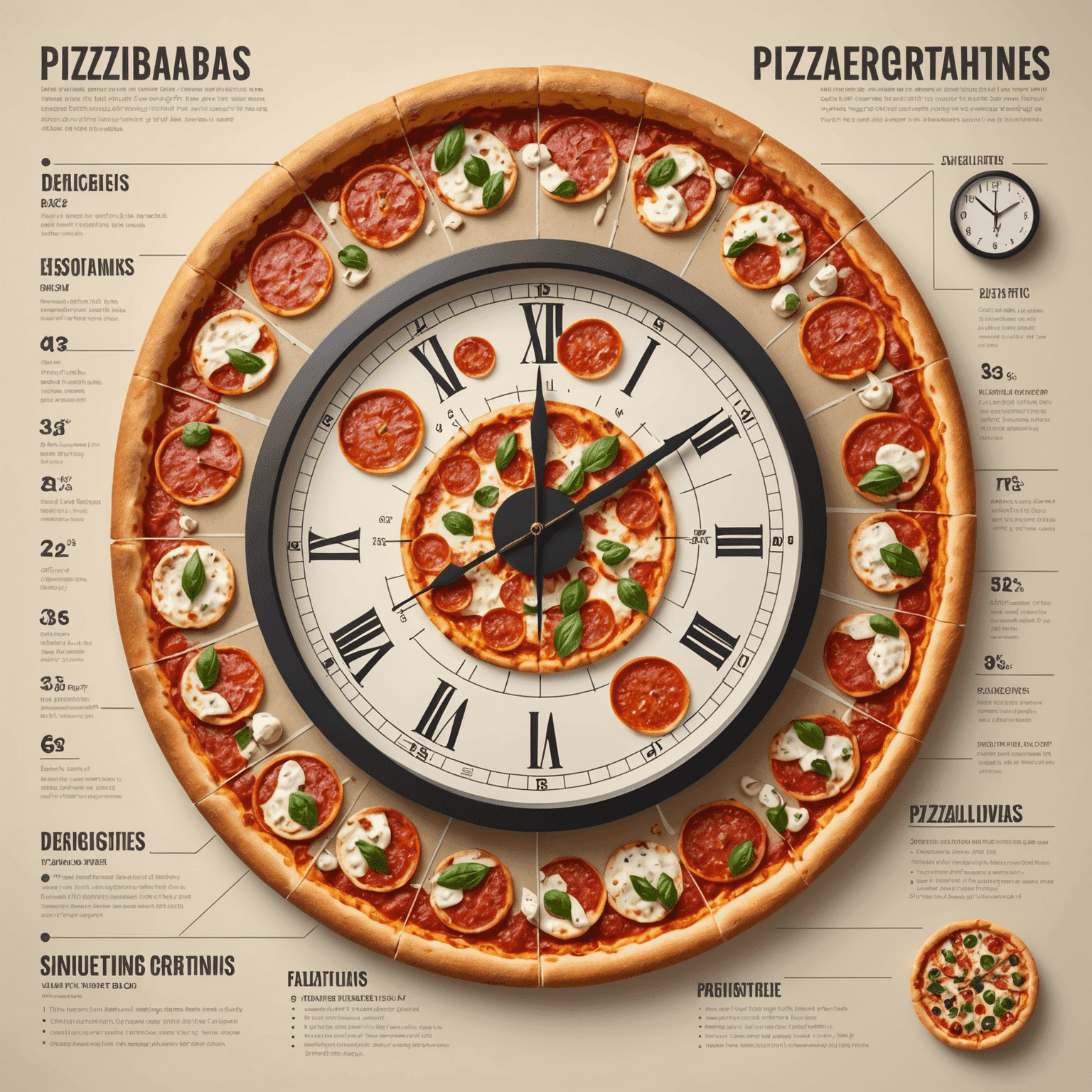 En infografikk som viser estimerte leveringstider for Pizzabakerensis, med ikoner for avstand og klokker som indikerer leveringstid